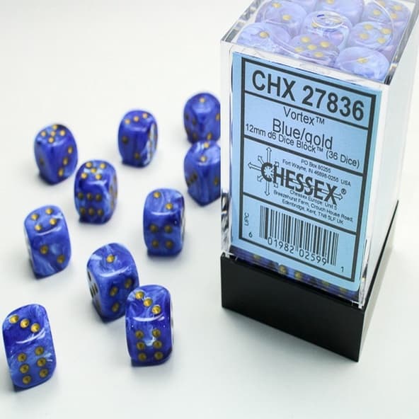 36 d6 Dice Chessex Polyedral VORTEX BLUE GOLD 27836 Dadi immagine 1