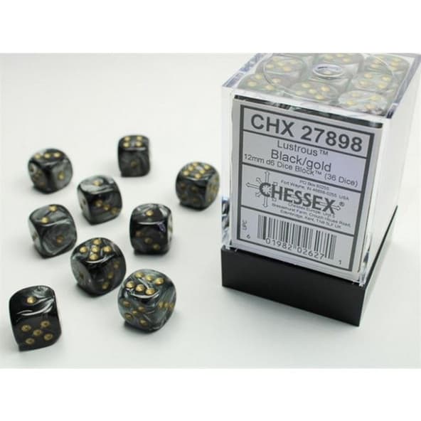 36 d6 Dice Chessex Polyedral LUSTROUS BLACK GOLD 27898 Dadi immagine 1