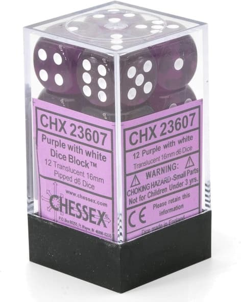 12 d6 Dice Chessex TRANSLUCENT PURPLE WHITE 23607 Dadi immagine 1