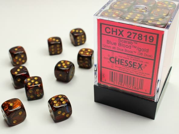 36 d6 Dice Chessex Scarab BLUE BLOOD GOLD 27819 Dadi immagine 1
