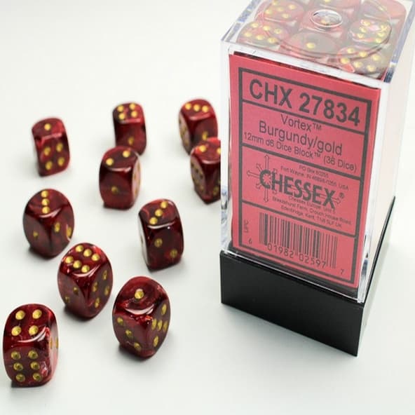 36 d6 Dice Chessex Polyedral VORTEX BURGUNDY GOLD 27834 Dadi immagine 1
